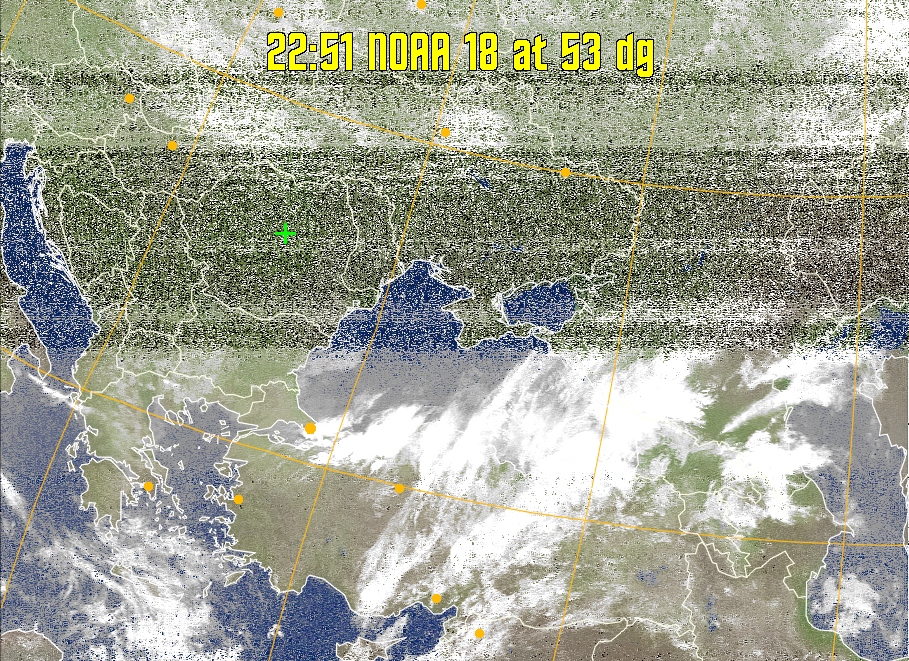 MCIR-precip: 
Colours the NOAA sensor 4 IR image using a map to colour the sea blue and land
green. High clouds appear white, lower clouds gray or land/sea coloured, clouds
generally appear lighter, but distinguishing between land/sea and low cloud may
be difficult. Darker colours indicate warmer regions.