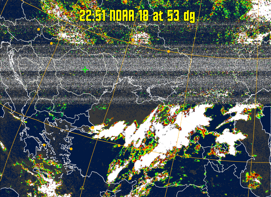 MSA-precip:
Same as MSA multispectral analysis, but high cold cloud tops are coloured the
same as the NO enhancement to give an approximate indication of the probability
and intensity of precipitation.