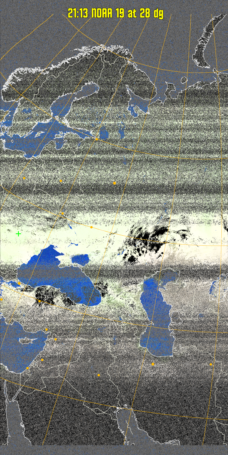 MCIR-precip: 
Colours the NOAA sensor 4 IR image using a map to colour the sea blue and land
green. High clouds appear white, lower clouds gray or land/sea coloured, clouds
generally appear lighter, but distinguishing between land/sea and low cloud may
be difficult. Darker colours indicate warmer regions.