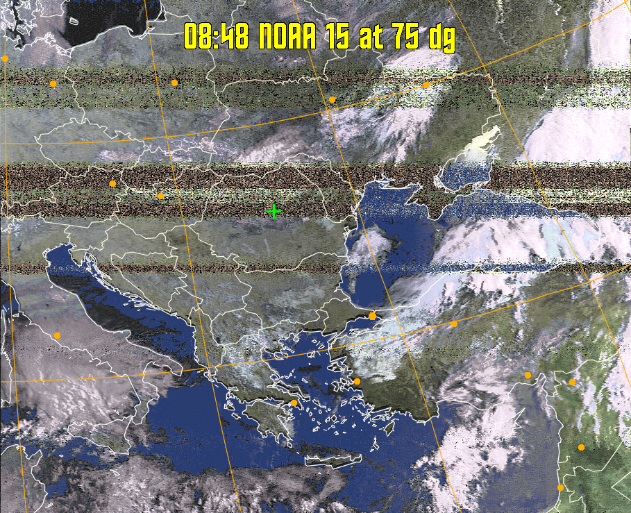 HVCT:
Similar to HVC, but with blue water and with colours more indicative of
land temperatures.
HVC:
Creates a false colour image from NOAA APT images based on temperature using
the HVC colour model. Uses the temperature derived from the sensor 4 image to
select the hue and the brightness from the histogram equalised other image to
select the value and chroma. The HVC colour model attempts to ensure that different colours at the same value will appear to the eye to be the same brightness
and the spacing between colours representing each degree will appear to the eye to
be similar. Bright areas are completely unsaturated in this model.