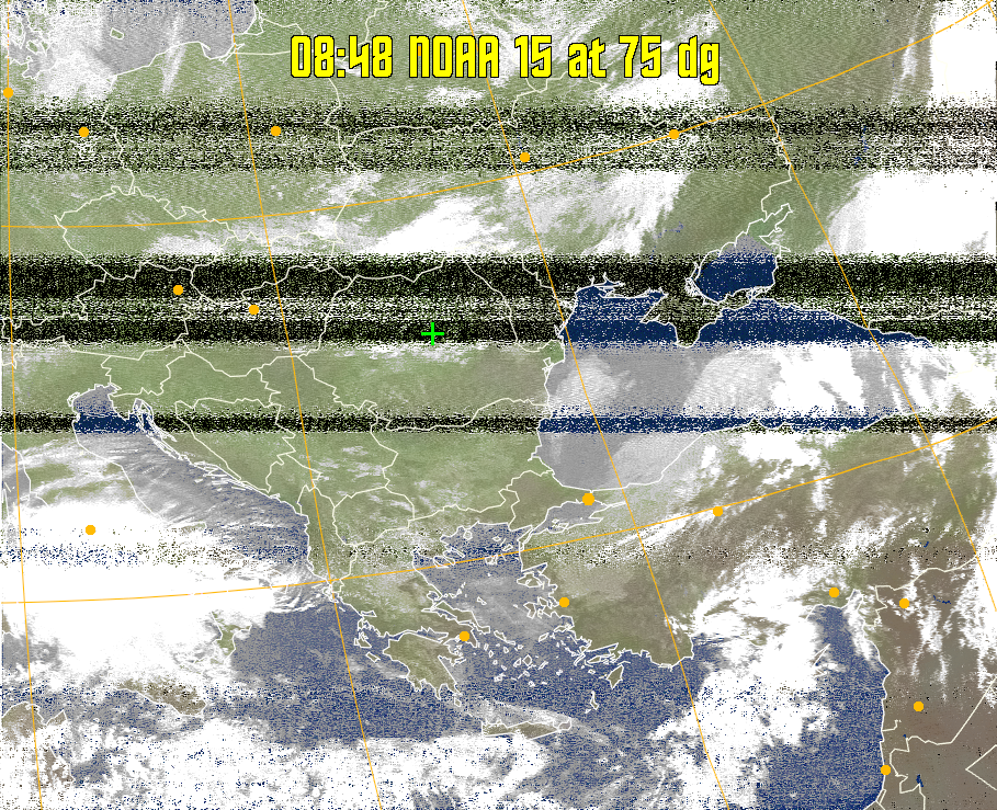MCIR-precip: 
Colours the NOAA sensor 4 IR image using a map to colour the sea blue and land
green. High clouds appear white, lower clouds gray or land/sea coloured, clouds
generally appear lighter, but distinguishing between land/sea and low cloud may
be difficult. Darker colours indicate warmer regions.
