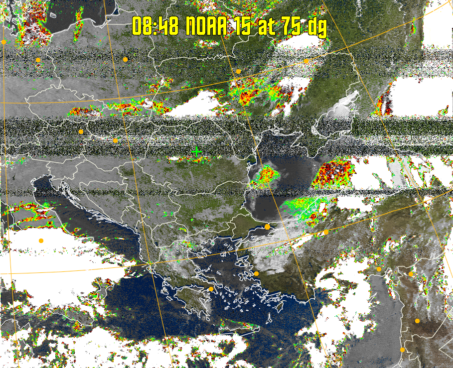 MSA-precip:
Same as MSA multispectral analysis, but high cold cloud tops are coloured the
same as the NO enhancement to give an approximate indication of the probability
and intensity of precipitation.