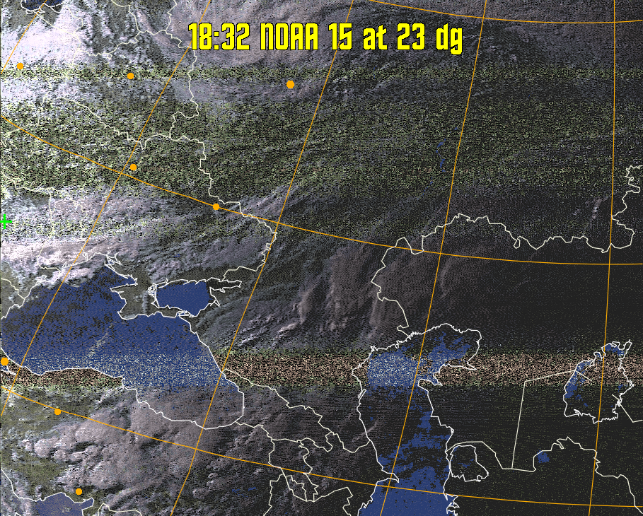 HVCT:
Similar to HVC, but with blue water and with colours more indicative of
land temperatures.
HVC:
Creates a false colour image from NOAA APT images based on temperature using
the HVC colour model. Uses the temperature derived from the sensor 4 image to
select the hue and the brightness from the histogram equalised other image to
select the value and chroma. The HVC colour model attempts to ensure that different colours at the same value will appear to the eye to be the same brightness
and the spacing between colours representing each degree will appear to the eye to
be similar. Bright areas are completely unsaturated in this model.