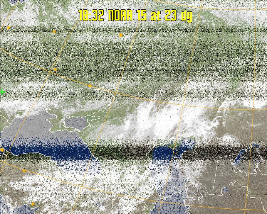 MCIR-precip: 
Colours the NOAA sensor 4 IR image using a map to colour the sea blue and land
green. High clouds appear white, lower clouds gray or land/sea coloured, clouds
generally appear lighter, but distinguishing between land/sea and low cloud may
be difficult. Darker colours indicate warmer regions.