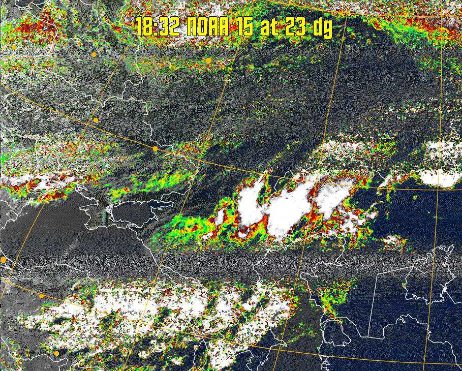 MSA-precip:
Same as MSA multispectral analysis, but high cold cloud tops are coloured the
same as the NO enhancement to give an approximate indication of the probability
and intensity of precipitation.