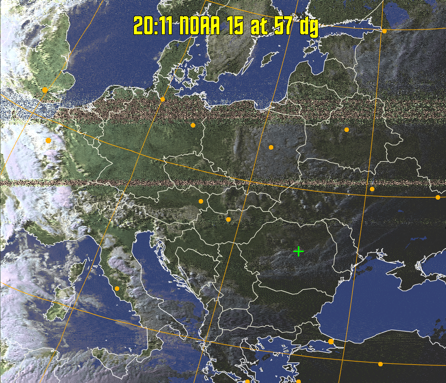 HVCT:
Similar to HVC, but with blue water and with colours more indicative of
land temperatures.
HVC:
Creates a false colour image from NOAA APT images based on temperature using
the HVC colour model. Uses the temperature derived from the sensor 4 image to
select the hue and the brightness from the histogram equalised other image to
select the value and chroma. The HVC colour model attempts to ensure that different colours at the same value will appear to the eye to be the same brightness
and the spacing between colours representing each degree will appear to the eye to
be similar. Bright areas are completely unsaturated in this model.