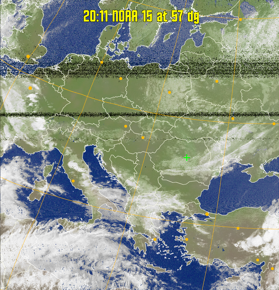 MCIR-precip: 
Colours the NOAA sensor 4 IR image using a map to colour the sea blue and land
green. High clouds appear white, lower clouds gray or land/sea coloured, clouds
generally appear lighter, but distinguishing between land/sea and low cloud may
be difficult. Darker colours indicate warmer regions.