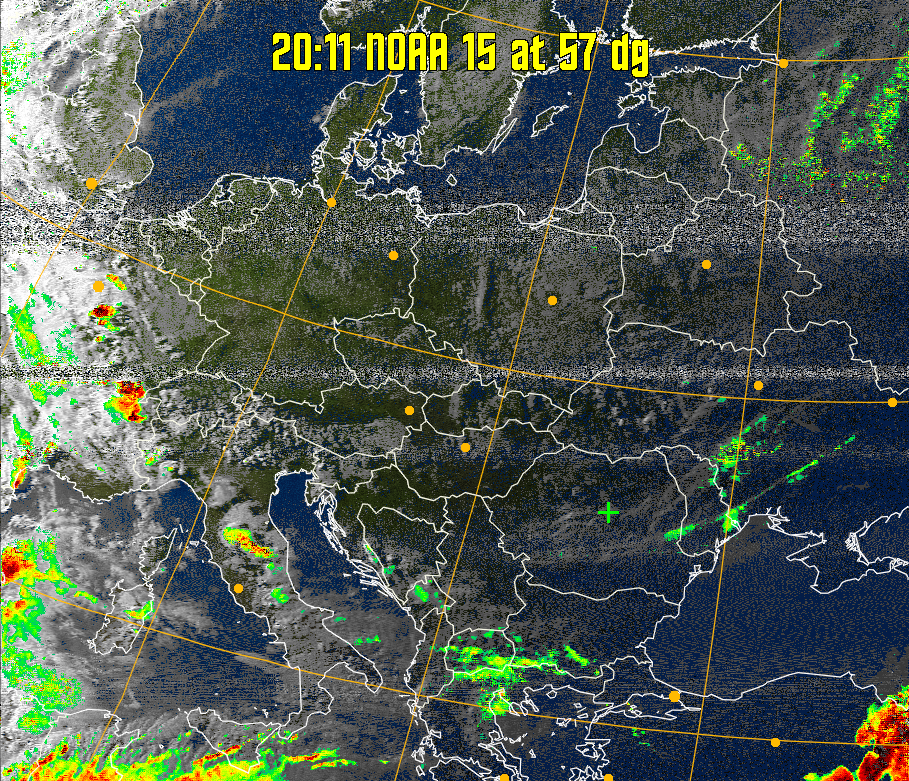 MSA-precip:
Same as MSA multispectral analysis, but high cold cloud tops are coloured the
same as the NO enhancement to give an approximate indication of the probability
and intensity of precipitation.