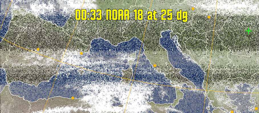 MCIR-precip: 
Colours the NOAA sensor 4 IR image using a map to colour the sea blue and land
green. High clouds appear white, lower clouds gray or land/sea coloured, clouds
generally appear lighter, but distinguishing between land/sea and low cloud may
be difficult. Darker colours indicate warmer regions.