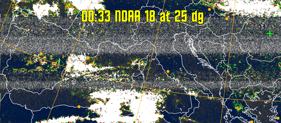 MSA-precip:
Same as MSA multispectral analysis, but high cold cloud tops are coloured the
same as the NO enhancement to give an approximate indication of the probability
and intensity of precipitation.