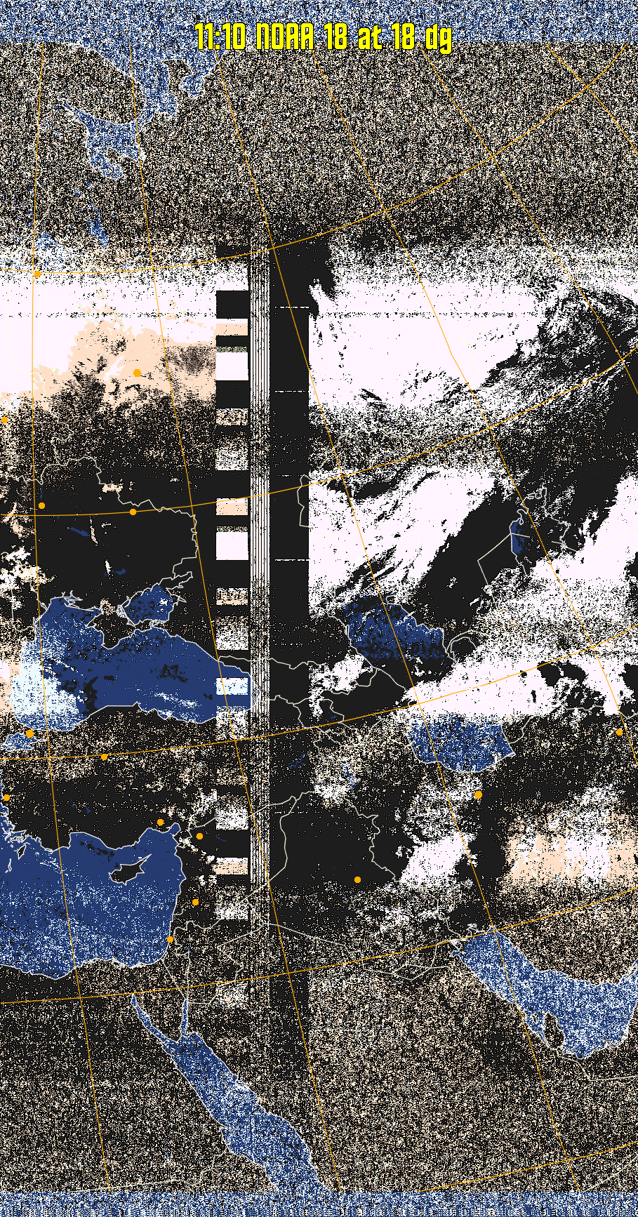 HVCT:
Similar to HVC, but with blue water and with colours more indicative of
land temperatures.
HVC:
Creates a false colour image from NOAA APT images based on temperature using
the HVC colour model. Uses the temperature derived from the sensor 4 image to
select the hue and the brightness from the histogram equalised other image to
select the value and chroma. The HVC colour model attempts to ensure that different colours at the same value will appear to the eye to be the same brightness
and the spacing between colours representing each degree will appear to the eye to
be similar. Bright areas are completely unsaturated in this model.