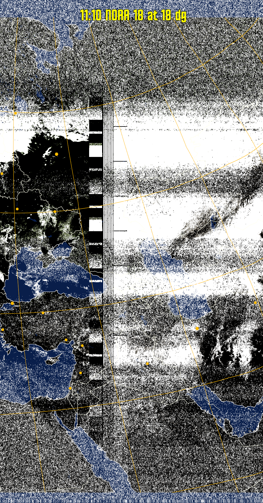 MCIR-precip: 
Colours the NOAA sensor 4 IR image using a map to colour the sea blue and land
green. High clouds appear white, lower clouds gray or land/sea coloured, clouds
generally appear lighter, but distinguishing between land/sea and low cloud may
be difficult. Darker colours indicate warmer regions.