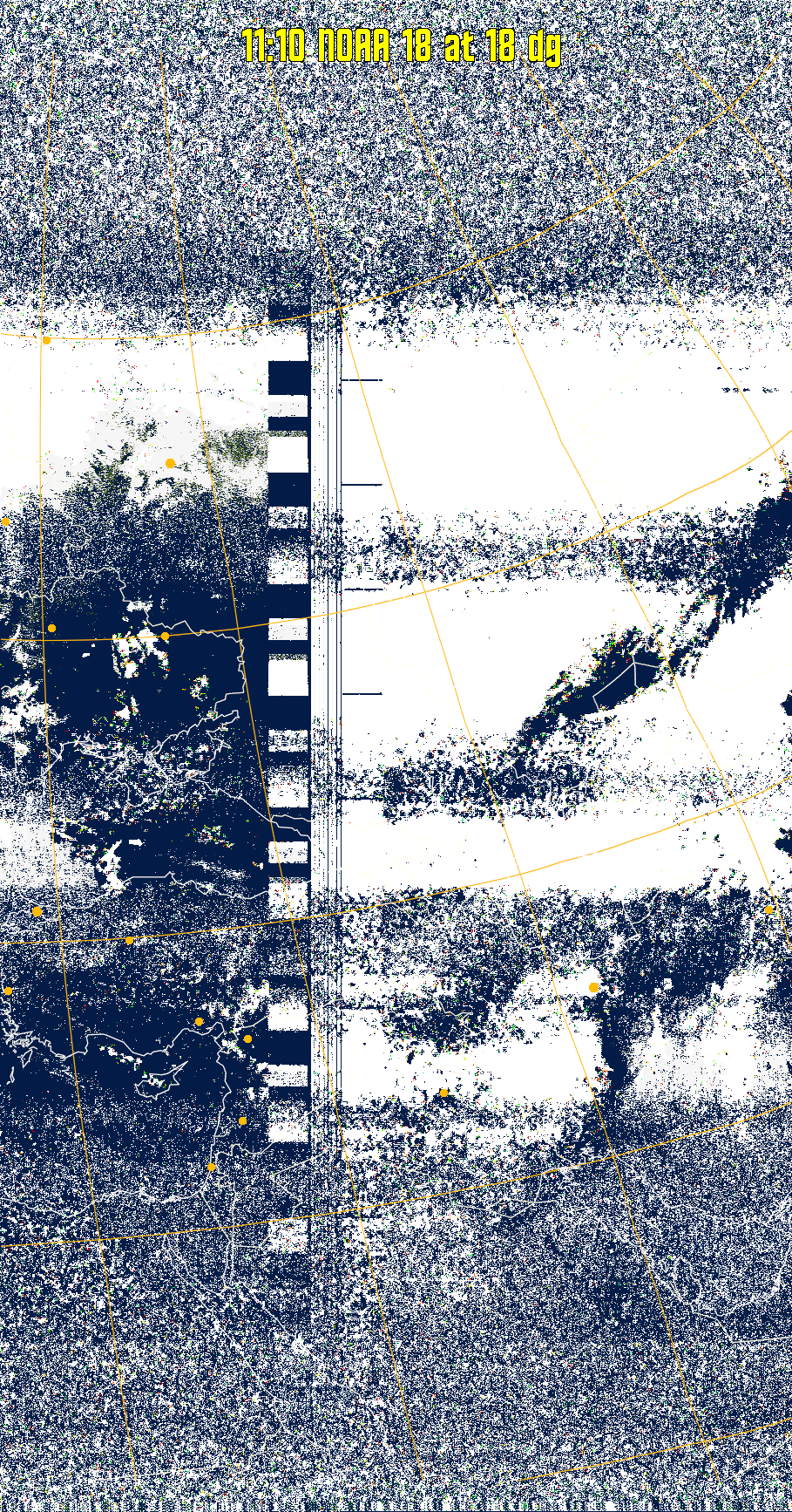 MSA-precip:
Same as MSA multispectral analysis, but high cold cloud tops are coloured the
same as the NO enhancement to give an approximate indication of the probability
and intensity of precipitation.