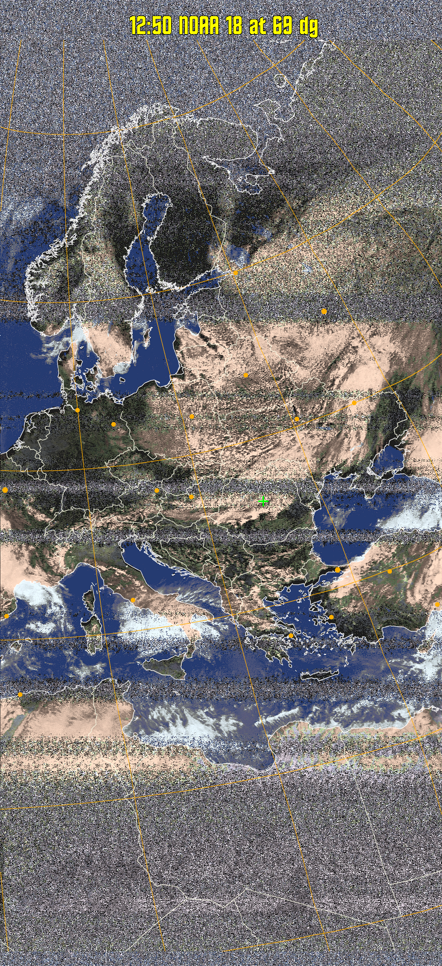 HVCT:
Similar to HVC, but with blue water and with colours more indicative of
land temperatures.
HVC:
Creates a false colour image from NOAA APT images based on temperature using
the HVC colour model. Uses the temperature derived from the sensor 4 image to
select the hue and the brightness from the histogram equalised other image to
select the value and chroma. The HVC colour model attempts to ensure that different colours at the same value will appear to the eye to be the same brightness
and the spacing between colours representing each degree will appear to the eye to
be similar. Bright areas are completely unsaturated in this model.