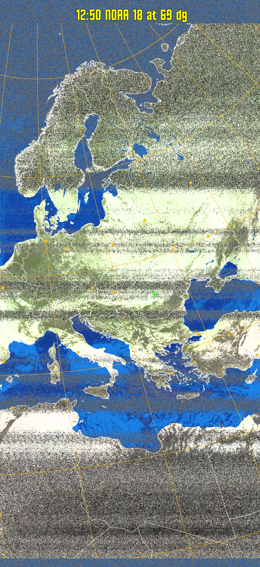 MCIR-precip: 
Colours the NOAA sensor 4 IR image using a map to colour the sea blue and land
green. High clouds appear white, lower clouds gray or land/sea coloured, clouds
generally appear lighter, but distinguishing between land/sea and low cloud may
be difficult. Darker colours indicate warmer regions.