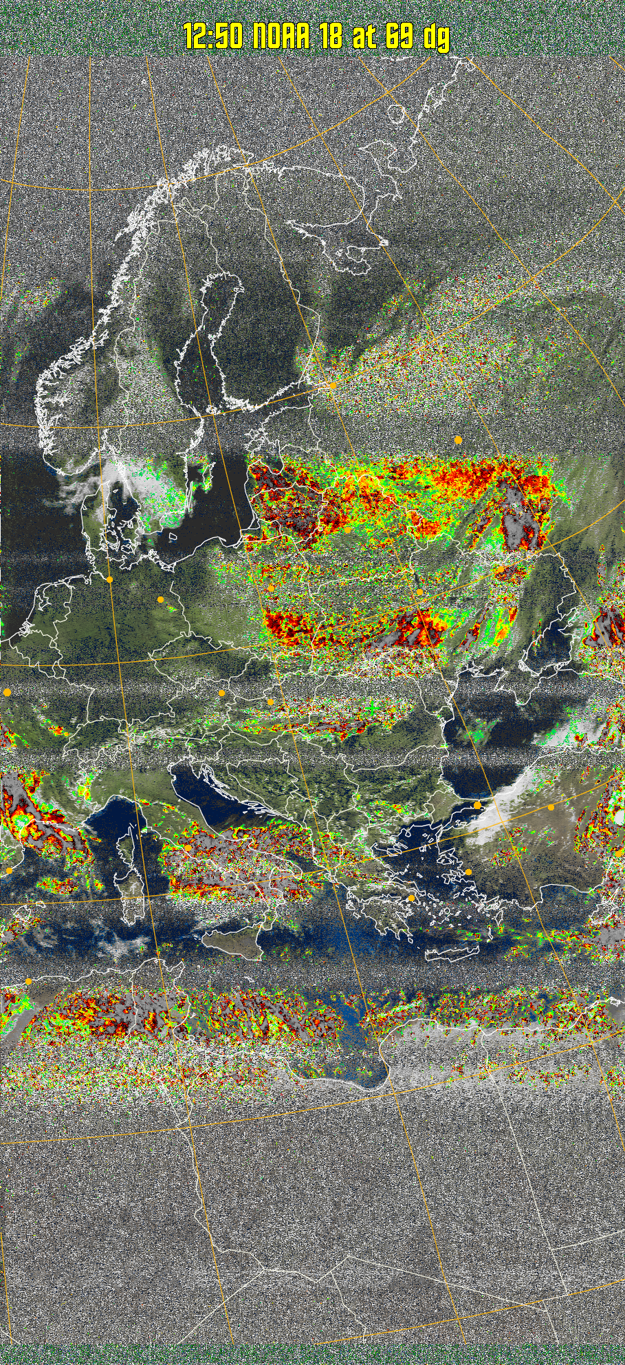MSA-precip:
Same as MSA multispectral analysis, but high cold cloud tops are coloured the
same as the NO enhancement to give an approximate indication of the probability
and intensity of precipitation.