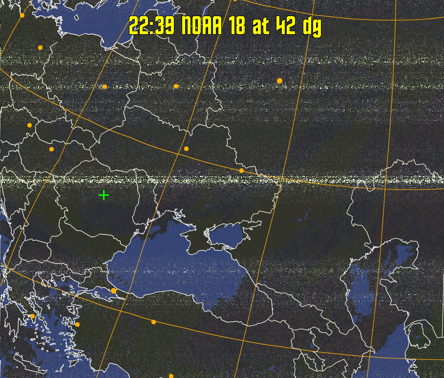 HVCT:
Similar to HVC, but with blue water and with colours more indicative of
land temperatures.
HVC:
Creates a false colour image from NOAA APT images based on temperature using
the HVC colour model. Uses the temperature derived from the sensor 4 image to
select the hue and the brightness from the histogram equalised other image to
select the value and chroma. The HVC colour model attempts to ensure that different colours at the same value will appear to the eye to be the same brightness
and the spacing between colours representing each degree will appear to the eye to
be similar. Bright areas are completely unsaturated in this model.
