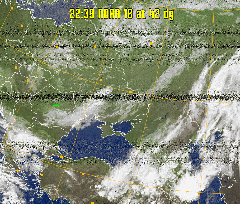 MCIR-precip: 
Colours the NOAA sensor 4 IR image using a map to colour the sea blue and land
green. High clouds appear white, lower clouds gray or land/sea coloured, clouds
generally appear lighter, but distinguishing between land/sea and low cloud may
be difficult. Darker colours indicate warmer regions.