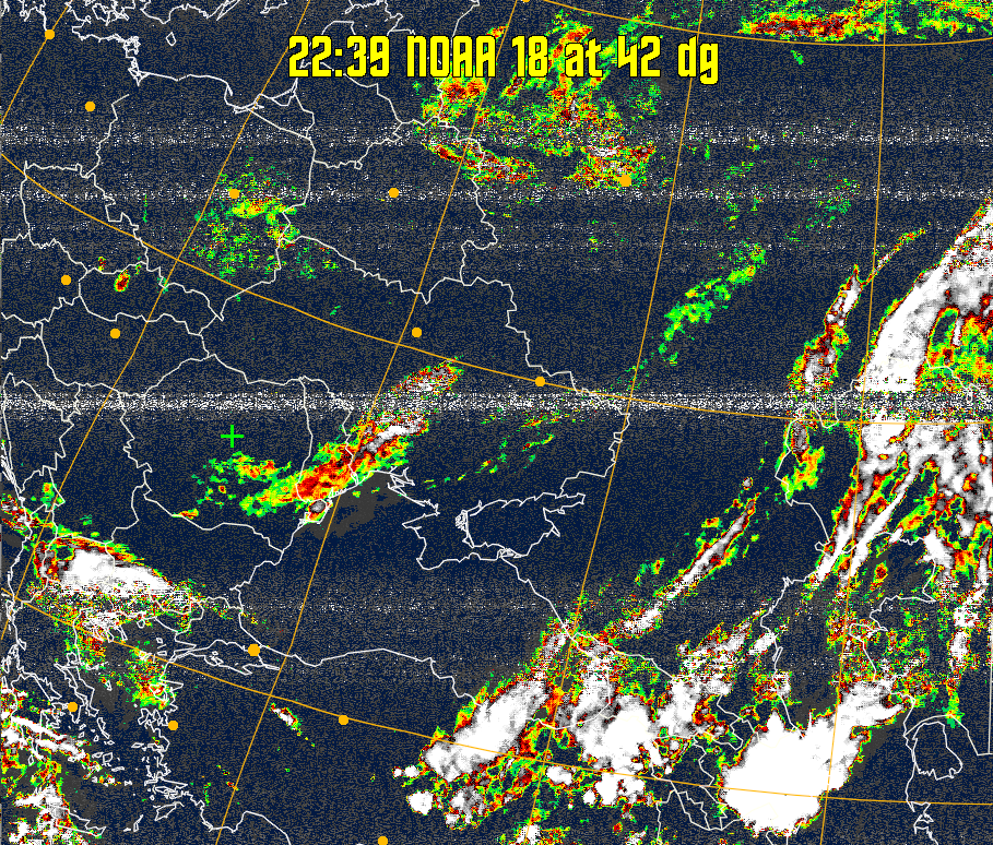 MSA-precip:
Same as MSA multispectral analysis, but high cold cloud tops are coloured the
same as the NO enhancement to give an approximate indication of the probability
and intensity of precipitation.