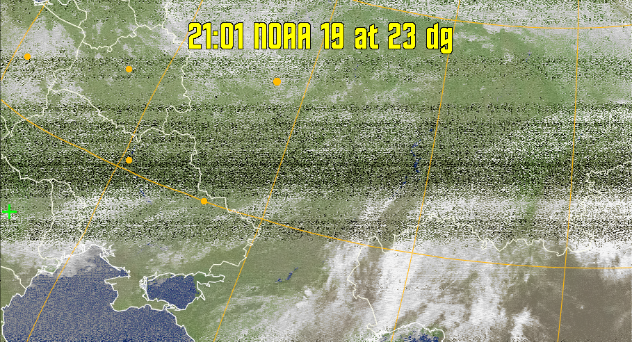 MCIR-precip: 
Colours the NOAA sensor 4 IR image using a map to colour the sea blue and land
green. High clouds appear white, lower clouds gray or land/sea coloured, clouds
generally appear lighter, but distinguishing between land/sea and low cloud may
be difficult. Darker colours indicate warmer regions.