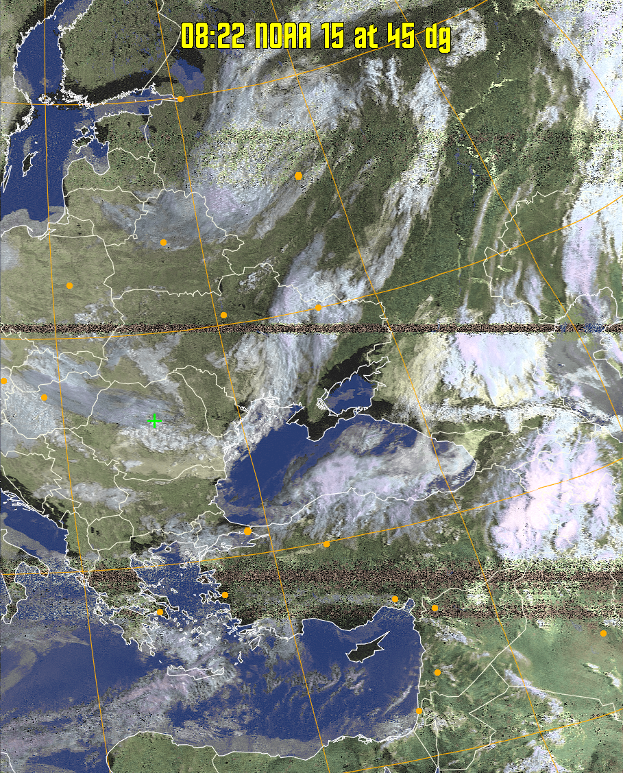 HVCT:
Similar to HVC, but with blue water and with colours more indicative of
land temperatures.
HVC:
Creates a false colour image from NOAA APT images based on temperature using
the HVC colour model. Uses the temperature derived from the sensor 4 image to
select the hue and the brightness from the histogram equalised other image to
select the value and chroma. The HVC colour model attempts to ensure that different colours at the same value will appear to the eye to be the same brightness
and the spacing between colours representing each degree will appear to the eye to
be similar. Bright areas are completely unsaturated in this model.