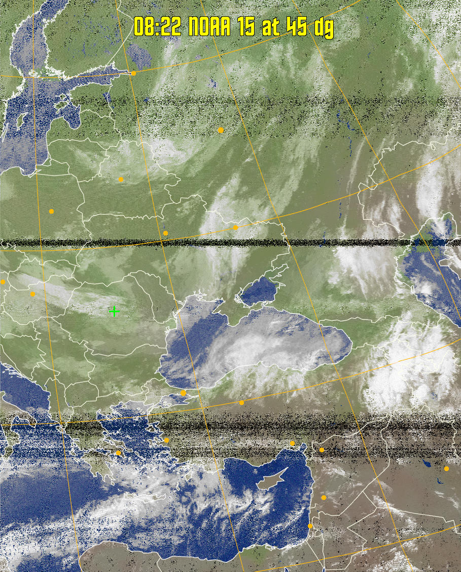 MCIR-precip: 
Colours the NOAA sensor 4 IR image using a map to colour the sea blue and land
green. High clouds appear white, lower clouds gray or land/sea coloured, clouds
generally appear lighter, but distinguishing between land/sea and low cloud may
be difficult. Darker colours indicate warmer regions.