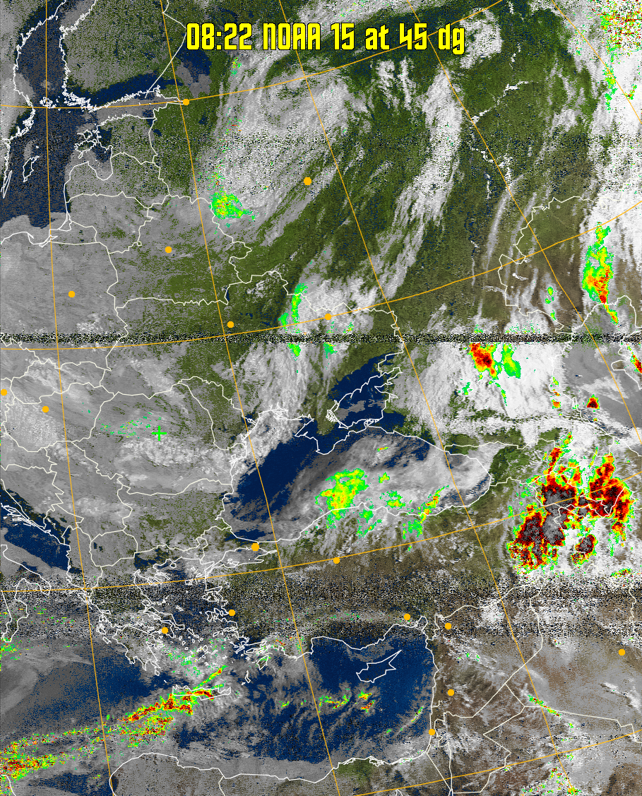 MSA-precip:
Same as MSA multispectral analysis, but high cold cloud tops are coloured the
same as the NO enhancement to give an approximate indication of the probability
and intensity of precipitation.