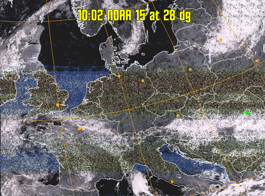 HVCT:
Similar to HVC, but with blue water and with colours more indicative of
land temperatures.
HVC:
Creates a false colour image from NOAA APT images based on temperature using
the HVC colour model. Uses the temperature derived from the sensor 4 image to
select the hue and the brightness from the histogram equalised other image to
select the value and chroma. The HVC colour model attempts to ensure that different colours at the same value will appear to the eye to be the same brightness
and the spacing between colours representing each degree will appear to the eye to
be similar. Bright areas are completely unsaturated in this model.
