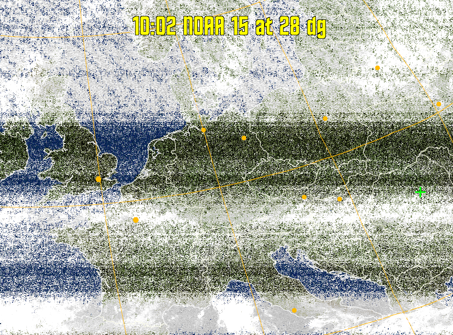 MCIR-precip: 
Colours the NOAA sensor 4 IR image using a map to colour the sea blue and land
green. High clouds appear white, lower clouds gray or land/sea coloured, clouds
generally appear lighter, but distinguishing between land/sea and low cloud may
be difficult. Darker colours indicate warmer regions.