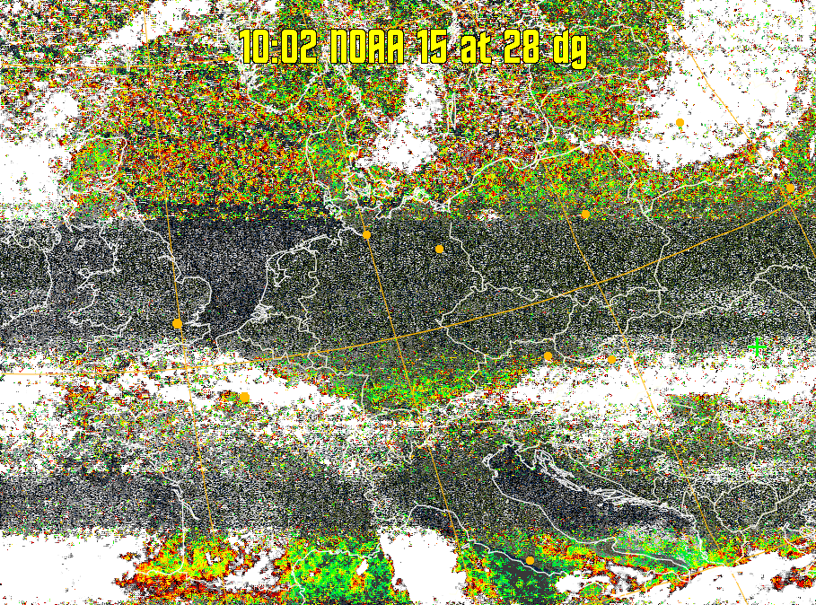 MSA-precip:
Same as MSA multispectral analysis, but high cold cloud tops are coloured the
same as the NO enhancement to give an approximate indication of the probability
and intensity of precipitation.