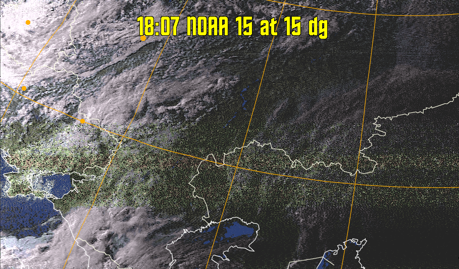 HVCT:
Similar to HVC, but with blue water and with colours more indicative of
land temperatures.
HVC:
Creates a false colour image from NOAA APT images based on temperature using
the HVC colour model. Uses the temperature derived from the sensor 4 image to
select the hue and the brightness from the histogram equalised other image to
select the value and chroma. The HVC colour model attempts to ensure that different colours at the same value will appear to the eye to be the same brightness
and the spacing between colours representing each degree will appear to the eye to
be similar. Bright areas are completely unsaturated in this model.
