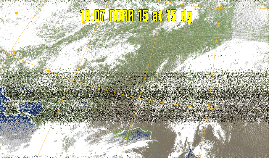 MCIR-precip: 
Colours the NOAA sensor 4 IR image using a map to colour the sea blue and land
green. High clouds appear white, lower clouds gray or land/sea coloured, clouds
generally appear lighter, but distinguishing between land/sea and low cloud may
be difficult. Darker colours indicate warmer regions.