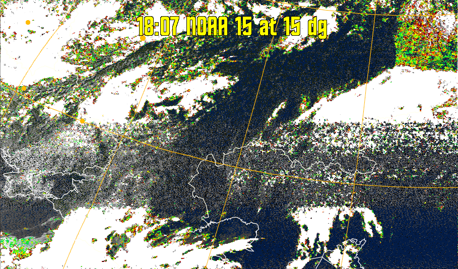 MSA-precip:
Same as MSA multispectral analysis, but high cold cloud tops are coloured the
same as the NO enhancement to give an approximate indication of the probability
and intensity of precipitation.