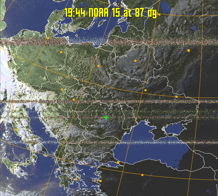 HVCT:
Similar to HVC, but with blue water and with colours more indicative of
land temperatures.
HVC:
Creates a false colour image from NOAA APT images based on temperature using
the HVC colour model. Uses the temperature derived from the sensor 4 image to
select the hue and the brightness from the histogram equalised other image to
select the value and chroma. The HVC colour model attempts to ensure that different colours at the same value will appear to the eye to be the same brightness
and the spacing between colours representing each degree will appear to the eye to
be similar. Bright areas are completely unsaturated in this model.