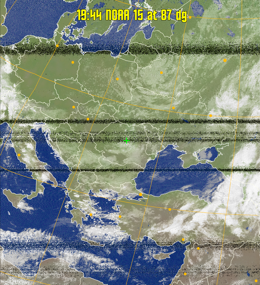 MCIR-precip: 
Colours the NOAA sensor 4 IR image using a map to colour the sea blue and land
green. High clouds appear white, lower clouds gray or land/sea coloured, clouds
generally appear lighter, but distinguishing between land/sea and low cloud may
be difficult. Darker colours indicate warmer regions.