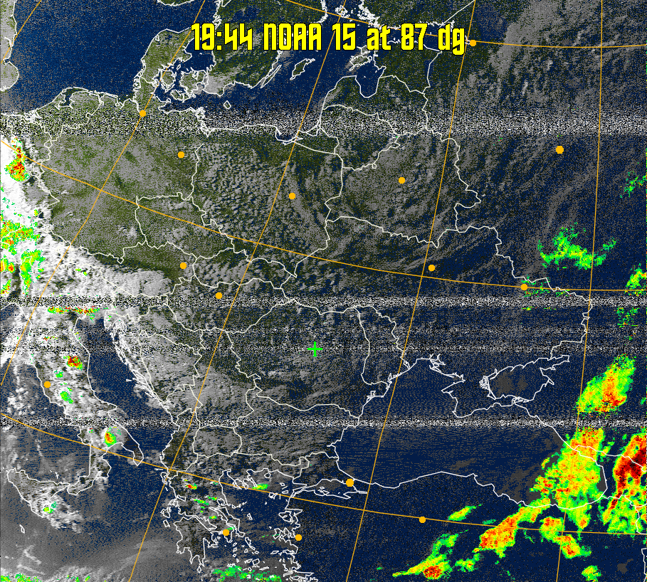 MSA-precip:
Same as MSA multispectral analysis, but high cold cloud tops are coloured the
same as the NO enhancement to give an approximate indication of the probability
and intensity of precipitation.