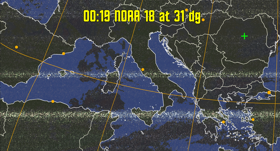 HVCT:
Similar to HVC, but with blue water and with colours more indicative of
land temperatures.
HVC:
Creates a false colour image from NOAA APT images based on temperature using
the HVC colour model. Uses the temperature derived from the sensor 4 image to
select the hue and the brightness from the histogram equalised other image to
select the value and chroma. The HVC colour model attempts to ensure that different colours at the same value will appear to the eye to be the same brightness
and the spacing between colours representing each degree will appear to the eye to
be similar. Bright areas are completely unsaturated in this model.