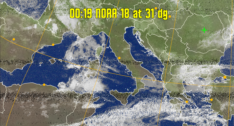 MCIR-precip: 
Colours the NOAA sensor 4 IR image using a map to colour the sea blue and land
green. High clouds appear white, lower clouds gray or land/sea coloured, clouds
generally appear lighter, but distinguishing between land/sea and low cloud may
be difficult. Darker colours indicate warmer regions.
