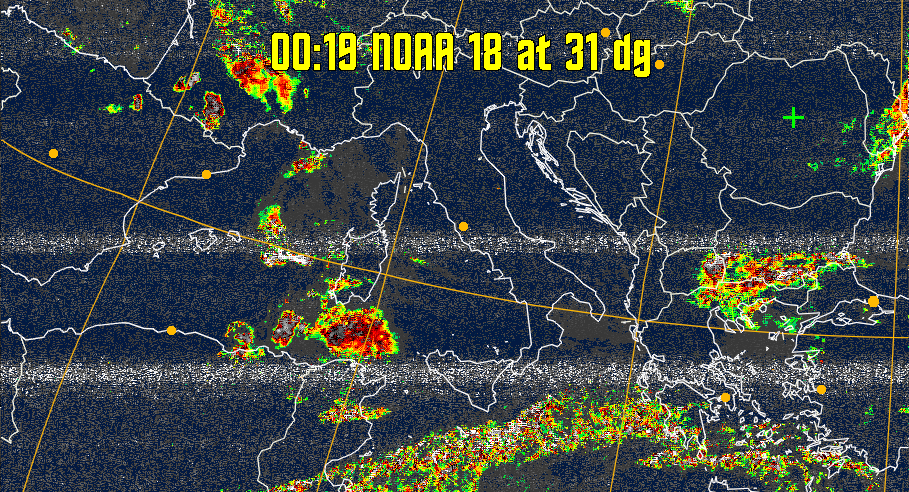 MSA-precip:
Same as MSA multispectral analysis, but high cold cloud tops are coloured the
same as the NO enhancement to give an approximate indication of the probability
and intensity of precipitation.