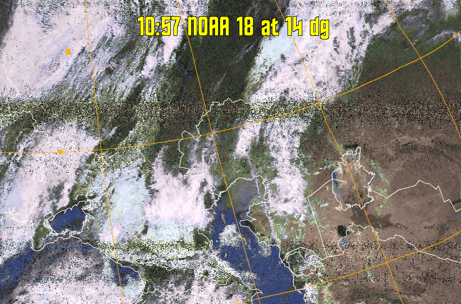 HVCT:
Similar to HVC, but with blue water and with colours more indicative of
land temperatures.
HVC:
Creates a false colour image from NOAA APT images based on temperature using
the HVC colour model. Uses the temperature derived from the sensor 4 image to
select the hue and the brightness from the histogram equalised other image to
select the value and chroma. The HVC colour model attempts to ensure that different colours at the same value will appear to the eye to be the same brightness
and the spacing between colours representing each degree will appear to the eye to
be similar. Bright areas are completely unsaturated in this model.