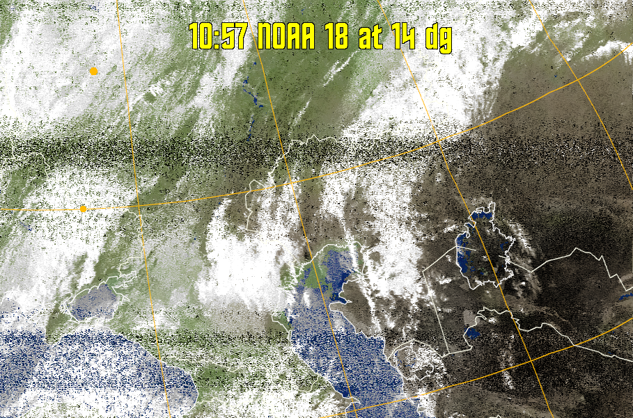 MCIR-precip: 
Colours the NOAA sensor 4 IR image using a map to colour the sea blue and land
green. High clouds appear white, lower clouds gray or land/sea coloured, clouds
generally appear lighter, but distinguishing between land/sea and low cloud may
be difficult. Darker colours indicate warmer regions.