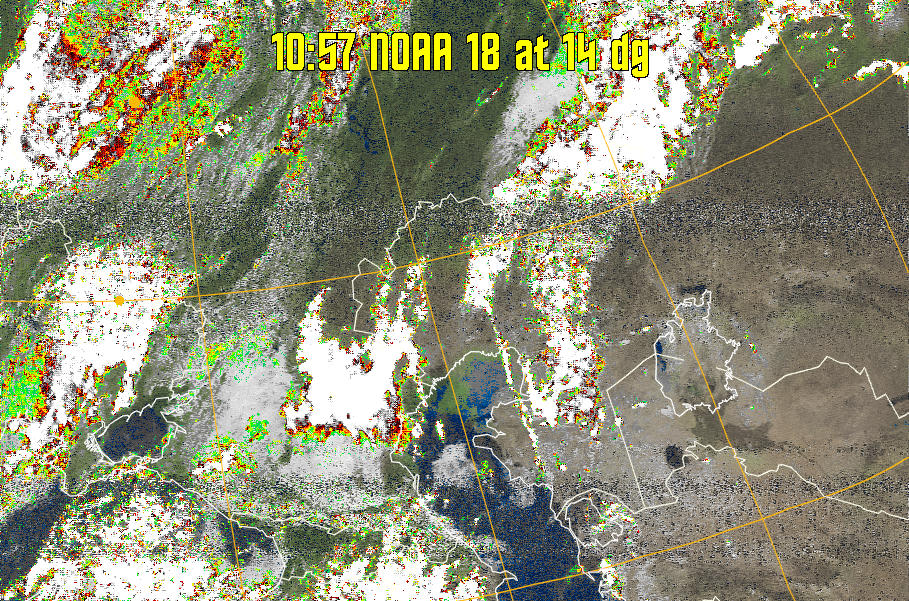 MSA-precip:
Same as MSA multispectral analysis, but high cold cloud tops are coloured the
same as the NO enhancement to give an approximate indication of the probability
and intensity of precipitation.