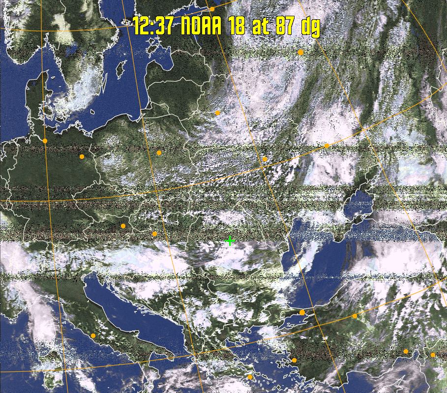 HVCT:
Similar to HVC, but with blue water and with colours more indicative of
land temperatures.
HVC:
Creates a false colour image from NOAA APT images based on temperature using
the HVC colour model. Uses the temperature derived from the sensor 4 image to
select the hue and the brightness from the histogram equalised other image to
select the value and chroma. The HVC colour model attempts to ensure that different colours at the same value will appear to the eye to be the same brightness
and the spacing between colours representing each degree will appear to the eye to
be similar. Bright areas are completely unsaturated in this model.