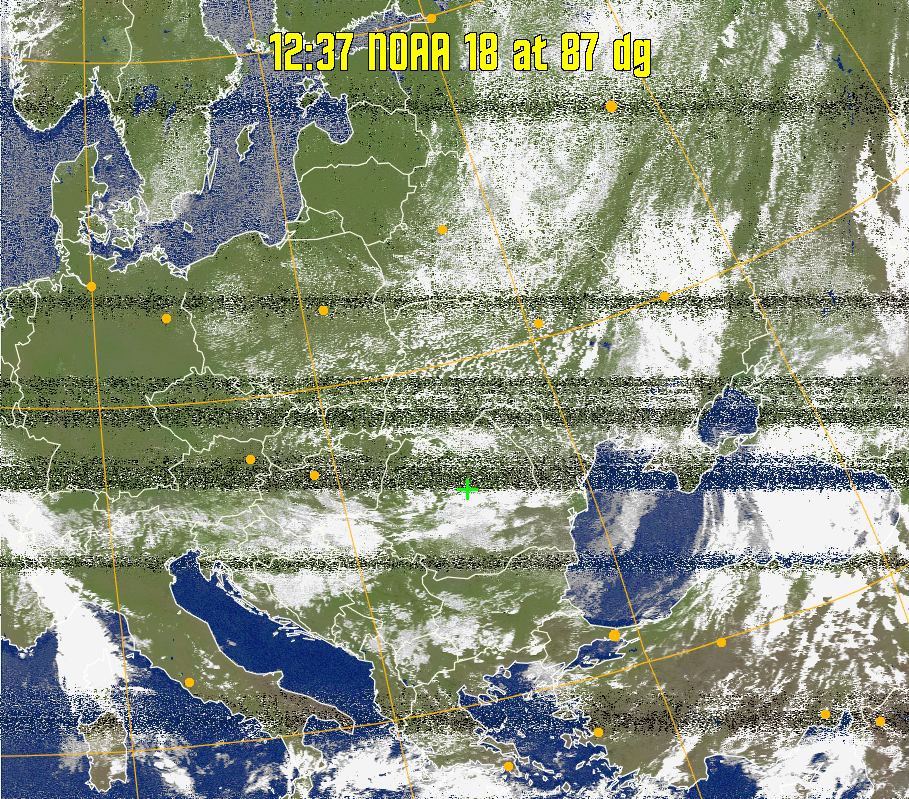 MCIR-precip: 
Colours the NOAA sensor 4 IR image using a map to colour the sea blue and land
green. High clouds appear white, lower clouds gray or land/sea coloured, clouds
generally appear lighter, but distinguishing between land/sea and low cloud may
be difficult. Darker colours indicate warmer regions.