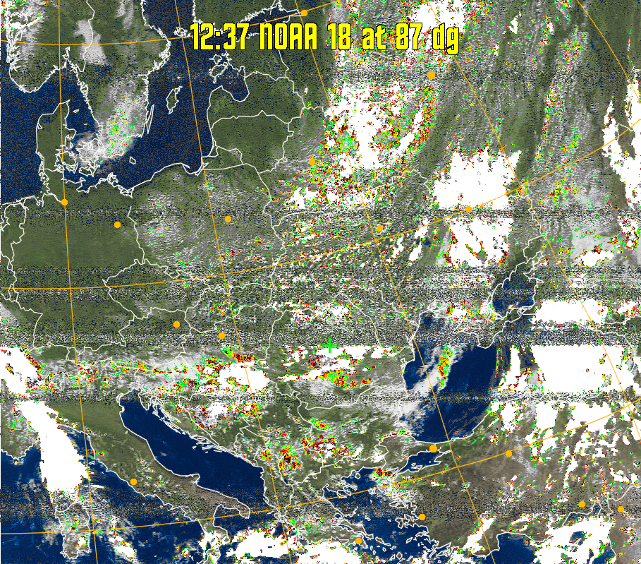 MSA-precip:
Same as MSA multispectral analysis, but high cold cloud tops are coloured the
same as the NO enhancement to give an approximate indication of the probability
and intensity of precipitation.