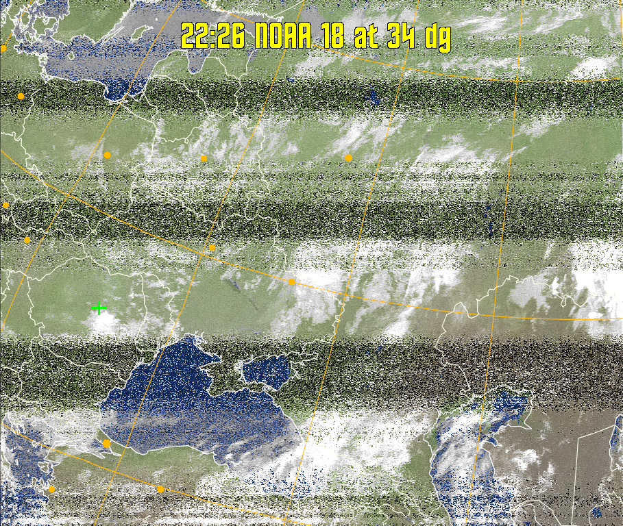 MCIR-precip: 
Colours the NOAA sensor 4 IR image using a map to colour the sea blue and land
green. High clouds appear white, lower clouds gray or land/sea coloured, clouds
generally appear lighter, but distinguishing between land/sea and low cloud may
be difficult. Darker colours indicate warmer regions.