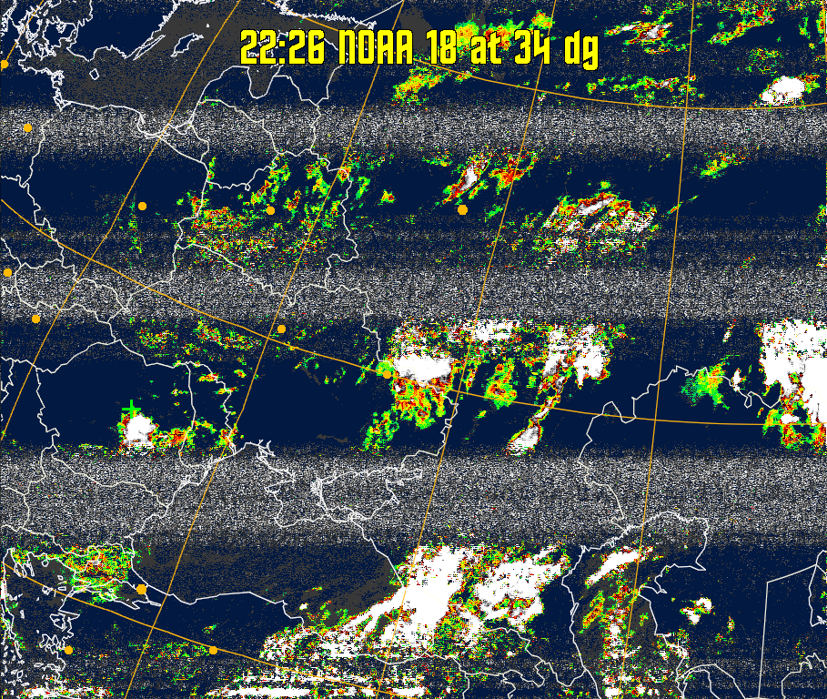 MSA-precip:
Same as MSA multispectral analysis, but high cold cloud tops are coloured the
same as the NO enhancement to give an approximate indication of the probability
and intensity of precipitation.