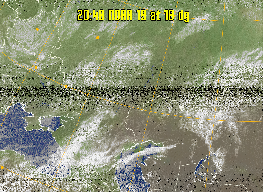 MCIR-precip: 
Colours the NOAA sensor 4 IR image using a map to colour the sea blue and land
green. High clouds appear white, lower clouds gray or land/sea coloured, clouds
generally appear lighter, but distinguishing between land/sea and low cloud may
be difficult. Darker colours indicate warmer regions.