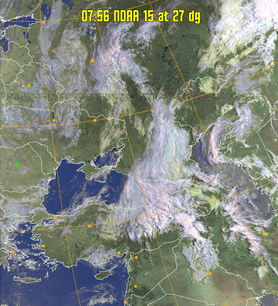 HVCT:
Similar to HVC, but with blue water and with colours more indicative of
land temperatures.
HVC:
Creates a false colour image from NOAA APT images based on temperature using
the HVC colour model. Uses the temperature derived from the sensor 4 image to
select the hue and the brightness from the histogram equalised other image to
select the value and chroma. The HVC colour model attempts to ensure that different colours at the same value will appear to the eye to be the same brightness
and the spacing between colours representing each degree will appear to the eye to
be similar. Bright areas are completely unsaturated in this model.