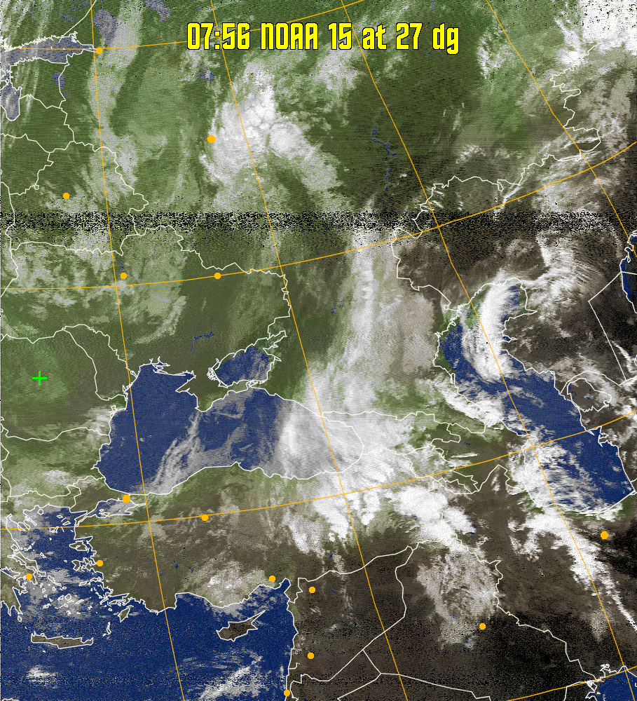 MCIR-precip: 
Colours the NOAA sensor 4 IR image using a map to colour the sea blue and land
green. High clouds appear white, lower clouds gray or land/sea coloured, clouds
generally appear lighter, but distinguishing between land/sea and low cloud may
be difficult. Darker colours indicate warmer regions.